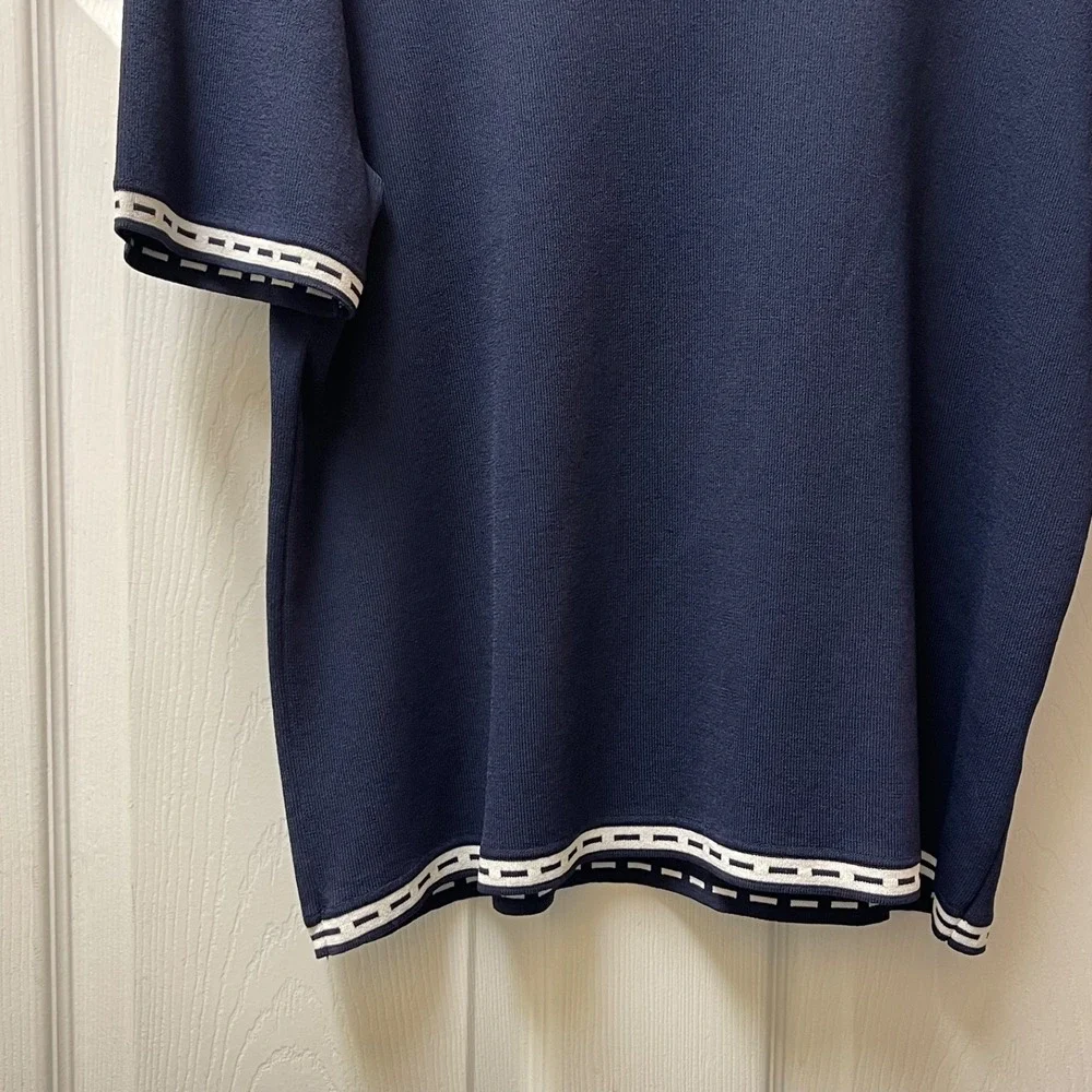 Alfred Dunner Womens Petite XLP Ribbon Trim V Neck Top Navy Blue Nautical Preppy